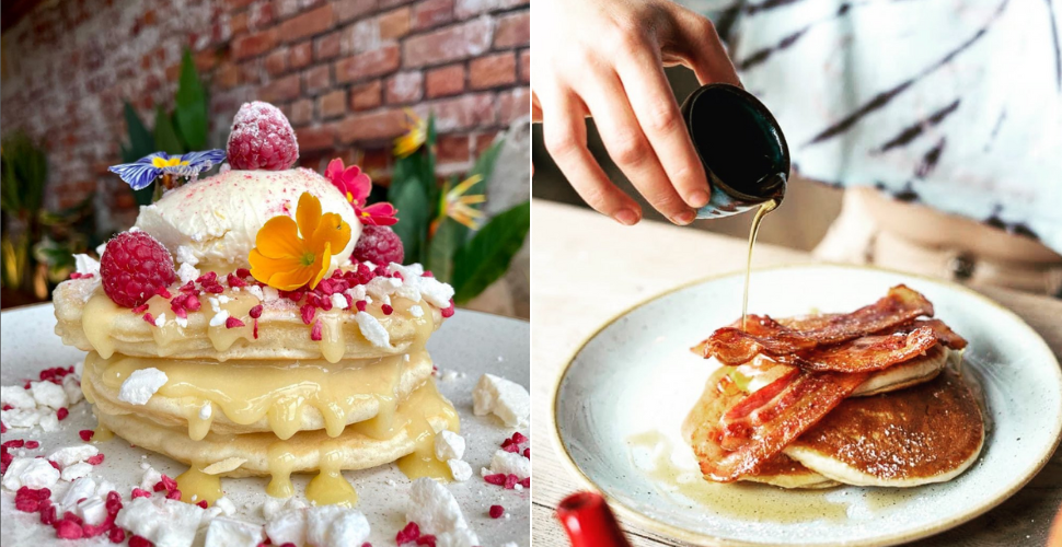 Two pancake stacks. On the left a stack of lemon meringue topped pancakes. On the right pancakes topped with maple syrup and bacon.